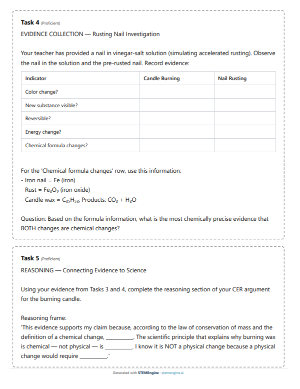 High school chemistry CER investigation with an evidence table