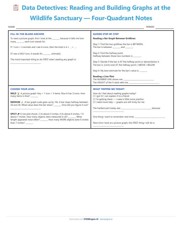 Grade 3 math four-quadrant consolidation note sheet for reading and building graphs at a wildlife sanctuary